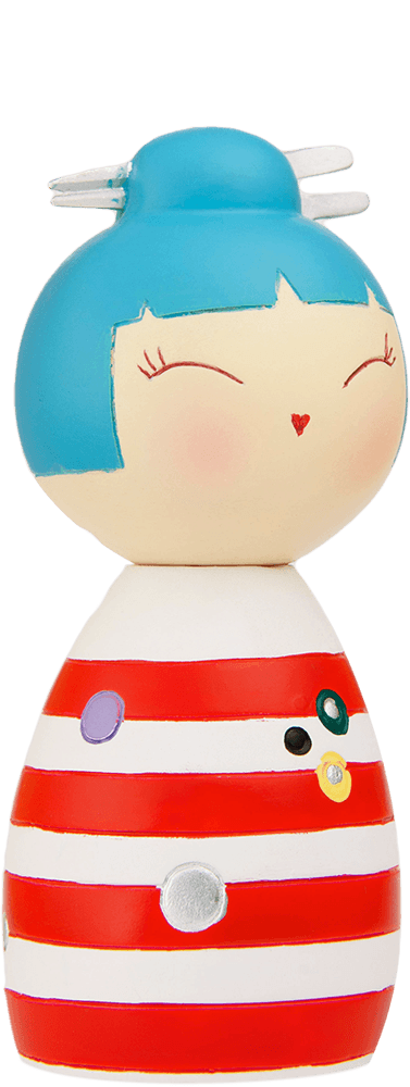 Blu Momiji doll with blue hair, red and white striped body, smiling face; includes a secret message compartment inside. — Momiji doll