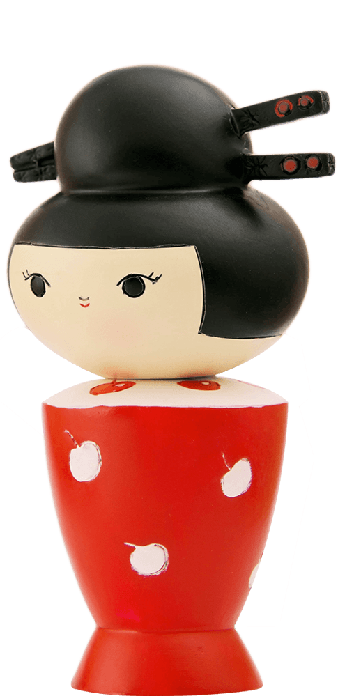 Cherries Momiji doll with black hair in a bun, red chopsticks, and a red polka-dot dress; collectible and hides a secret message. — Momiji doll