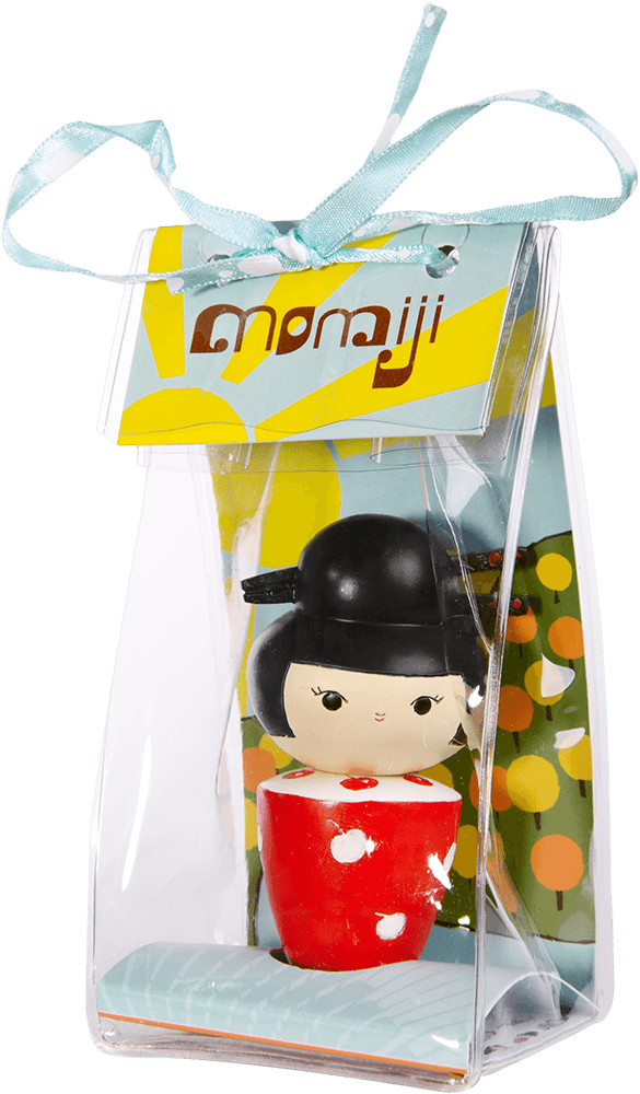 Cherries Momiji doll with black hair and red dress in a clear gift box, tied with a blue ribbon. — Momiji doll