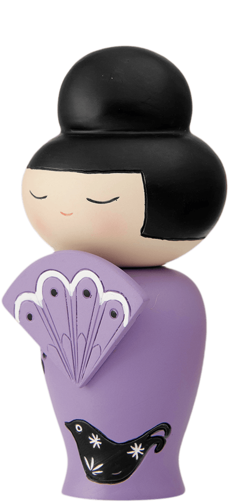 Peaches Momiji doll with black hair in a bun, purple dress and fan, closed eyes, and a sweet smile. — Momiji doll