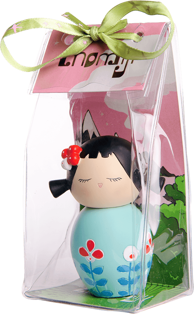 Flowers 2 Momiji doll with closed eyes, floral designs, red bow, in clear gift box tied with a green ribbon. — Momiji doll