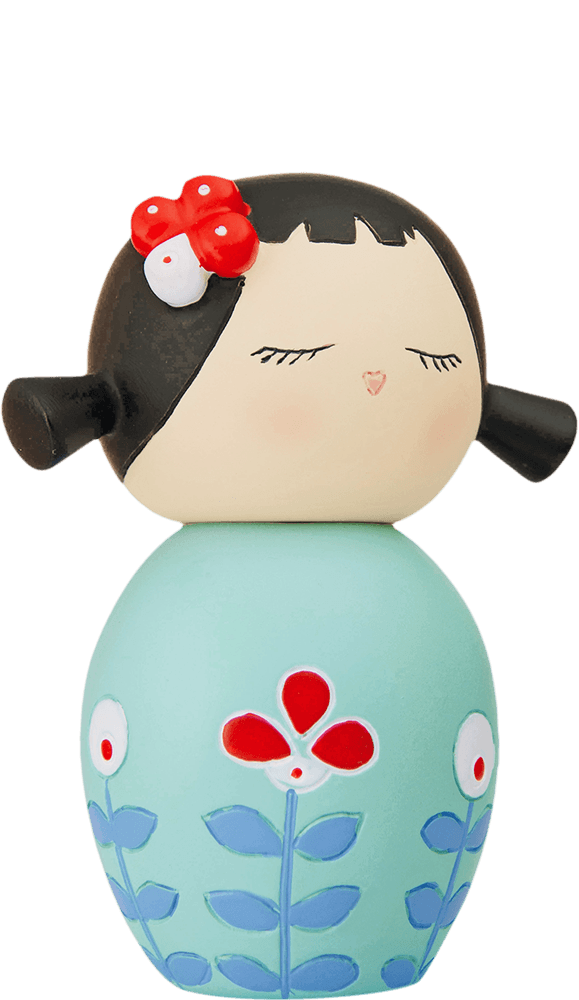 Flowers 2 Momiji doll with black hair, red bow, teal dress, and red and blue floral details. Secret message hidden inside. — Momiji doll