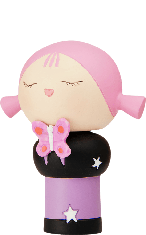 Smiling Momiji doll with pink hair, closed eyes, and a pink butterfly on a starry purple outfit. Collectible and kawaii. — Momiji doll