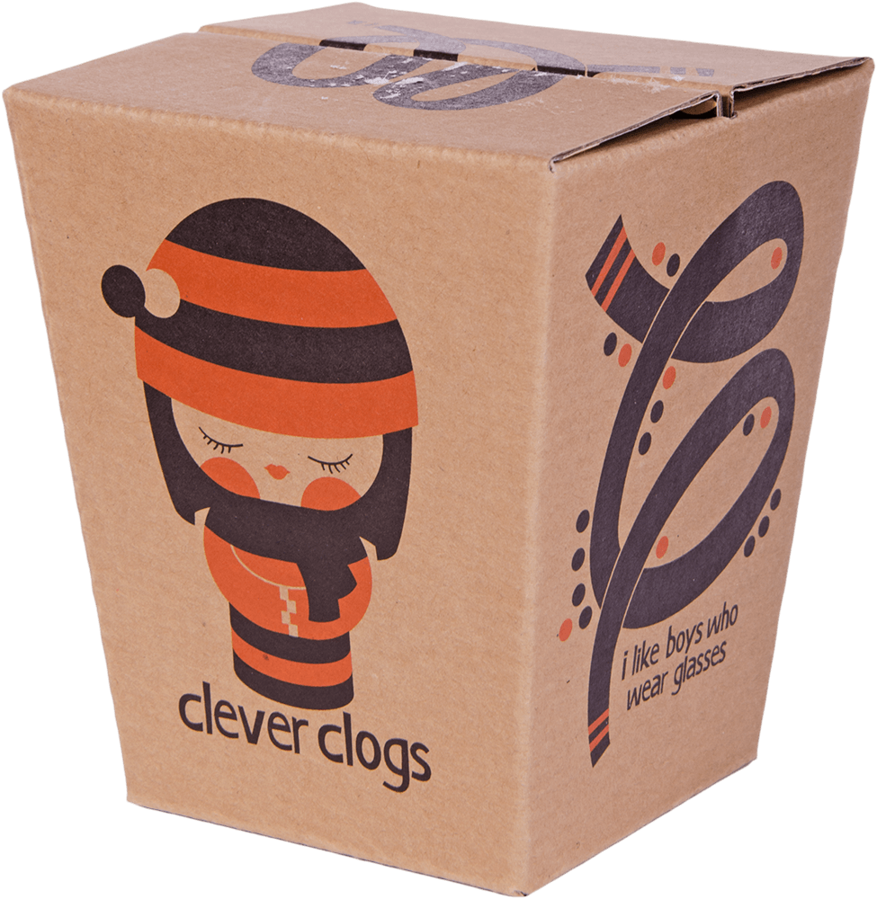 Brown box with Clever Clogs Momiji doll, a kawaii collectible character in hat and scarf, hiding a secret message inside. — Momiji doll