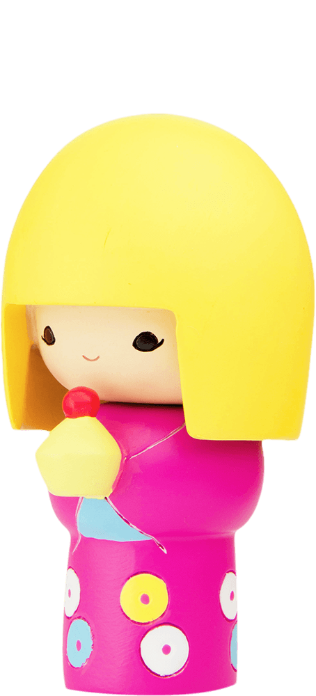 Pixie Momiji doll with yellow bob, pink dress featuring colorful circles, and holding a bright red object in her hand. — Momiji doll