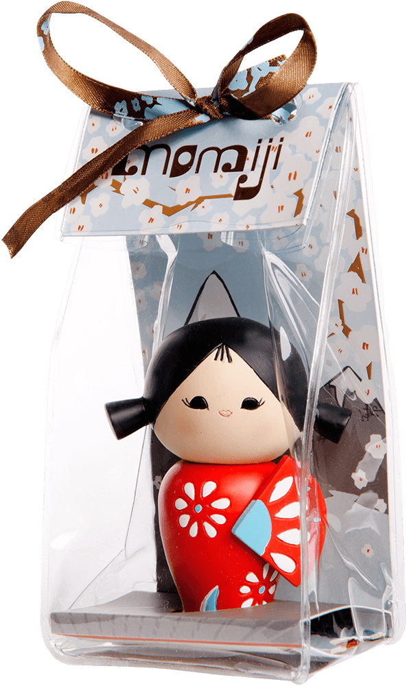 Happy Happy Happy Momiji doll in red, in a clear box with brown ribbon and floral pattern, kawaii collectible character doll. — Momiji doll