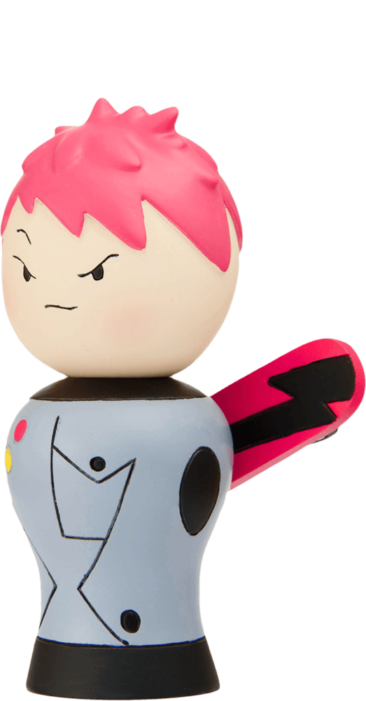 Ollie Momiji doll with pink spiky hair, blue outfit, and a pink lightning bolt on the back; collectible and kawaii. — Momiji doll