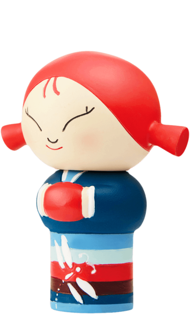 Momiji doll "Laughing" smiles with arms crossed, wearing a red headscarf and blue outfit on a plain background. — Momiji doll