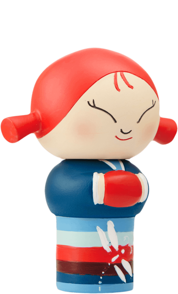 Laughing Momiji doll with red hair, blue outfit, crossed arms, a kawaii smiling face and closed eyes. — Momiji doll