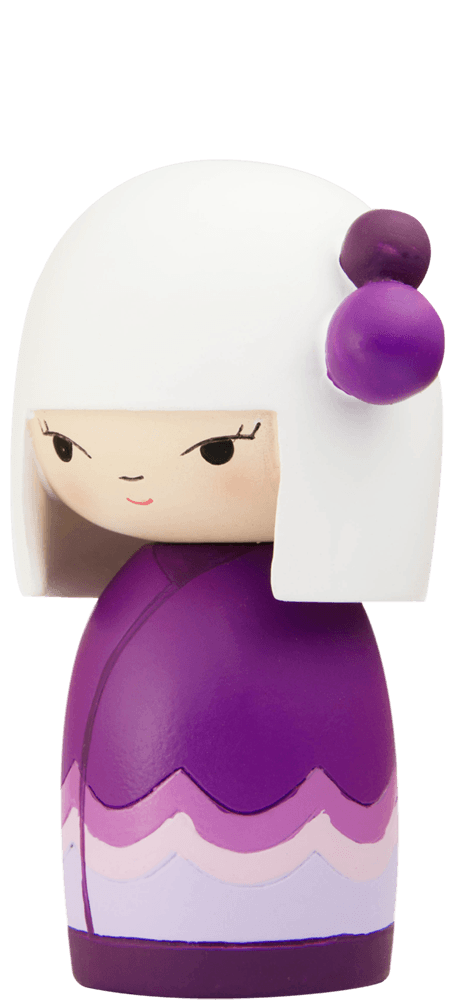 Silly Billy Momiji doll with white hair, purple buns, pink and lavender accents; a kawaii collectible hiding a secret message. — Momiji doll
