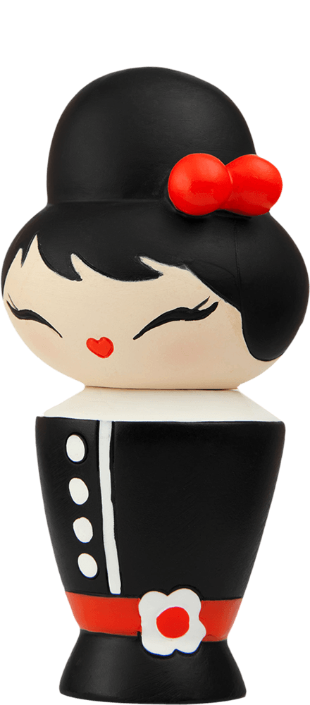 Coco Momiji doll with black hair, red bow, black outfit, white buttons, and a red belt. Hidden message inside. — Momiji doll