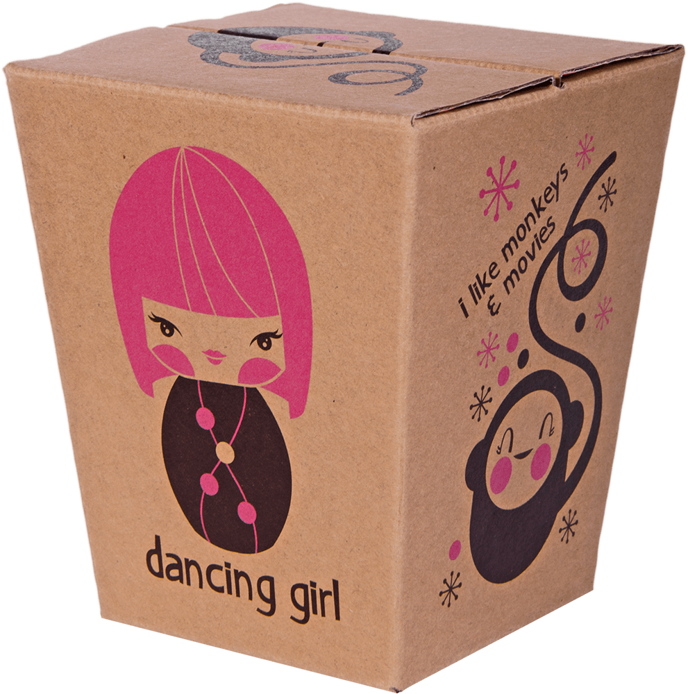 Brown box with Dancing Girl Momiji doll: kawaii girl character dancing, monkey beside her says, "I like monkeys & movies. — Momiji doll