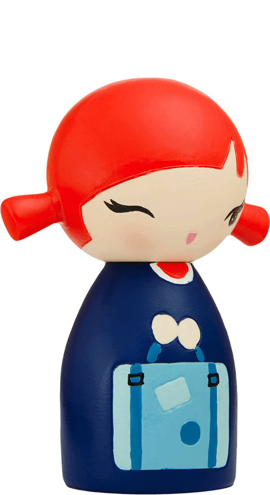 Poppet Momiji doll has red hair, a navy dress, blue bag, and a sweet minimalist face. Includes hidden message feature. — Momiji doll