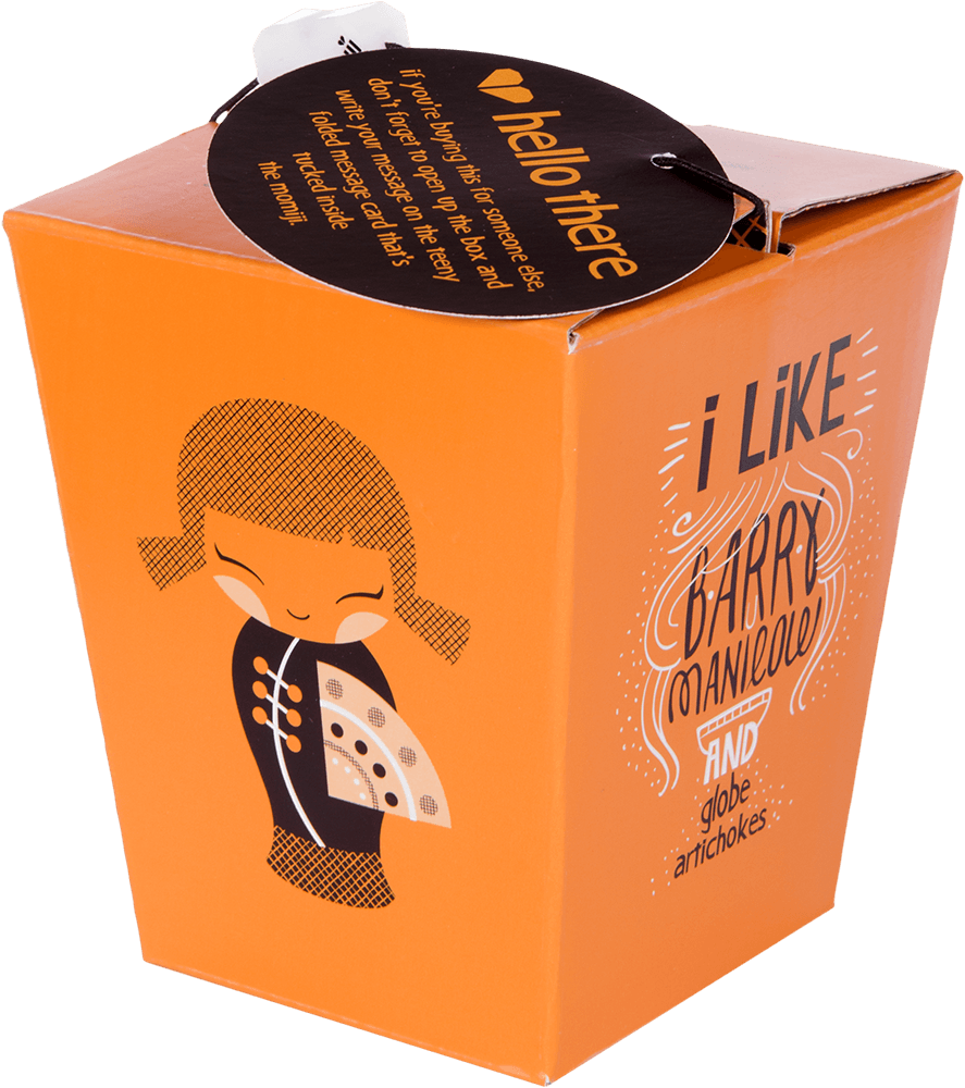 Orange takeout box featuring a Momiji doll character, with kawaii details and the text "Happy Happy Happy" on the front. — Momiji doll