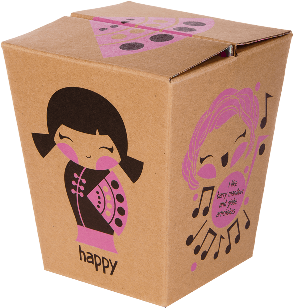 Brown takeout box with Happy Happy Happy Momiji doll, kawaii girls, music notes, pizza slice; "happy" in playful letters. — Momiji doll