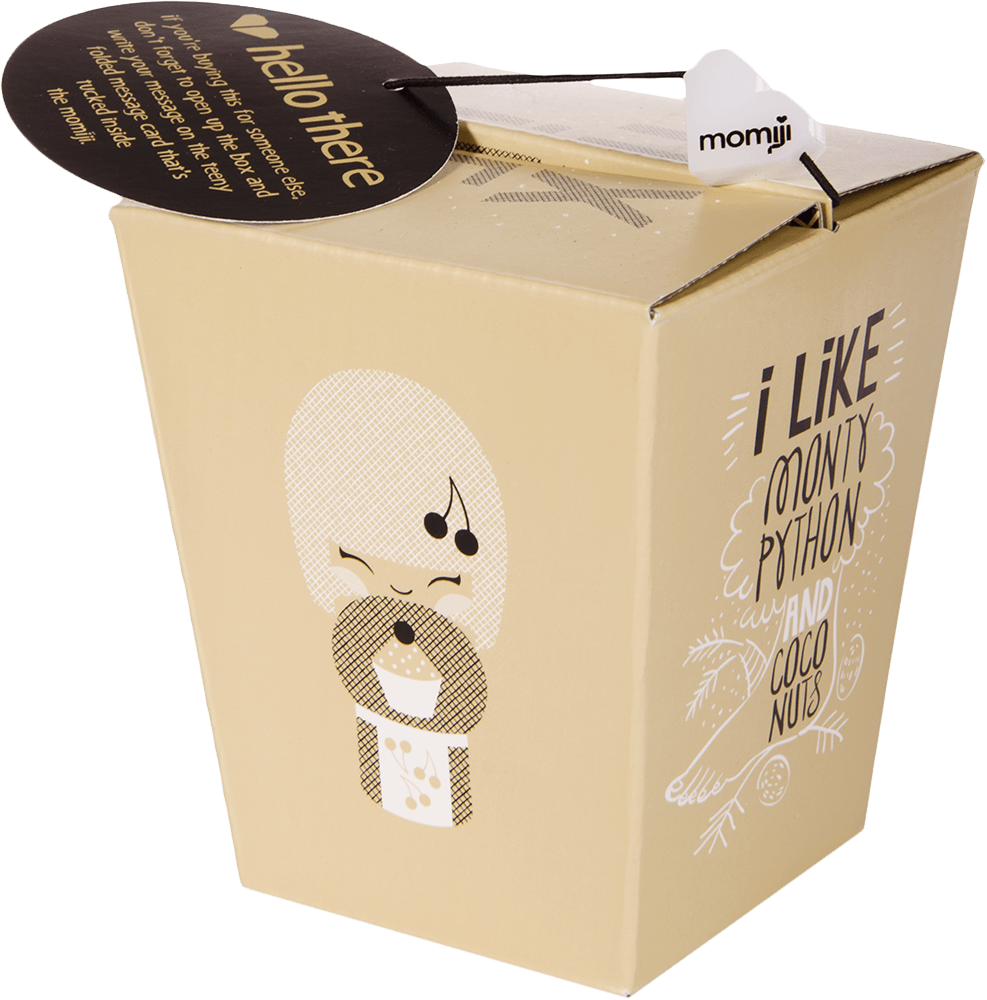 Pixie Momiji doll: kawaii beige gift box with a cute face, "I LIKE MONTY PYTHON AND COCONUTS" and hello there tag. — Momiji doll