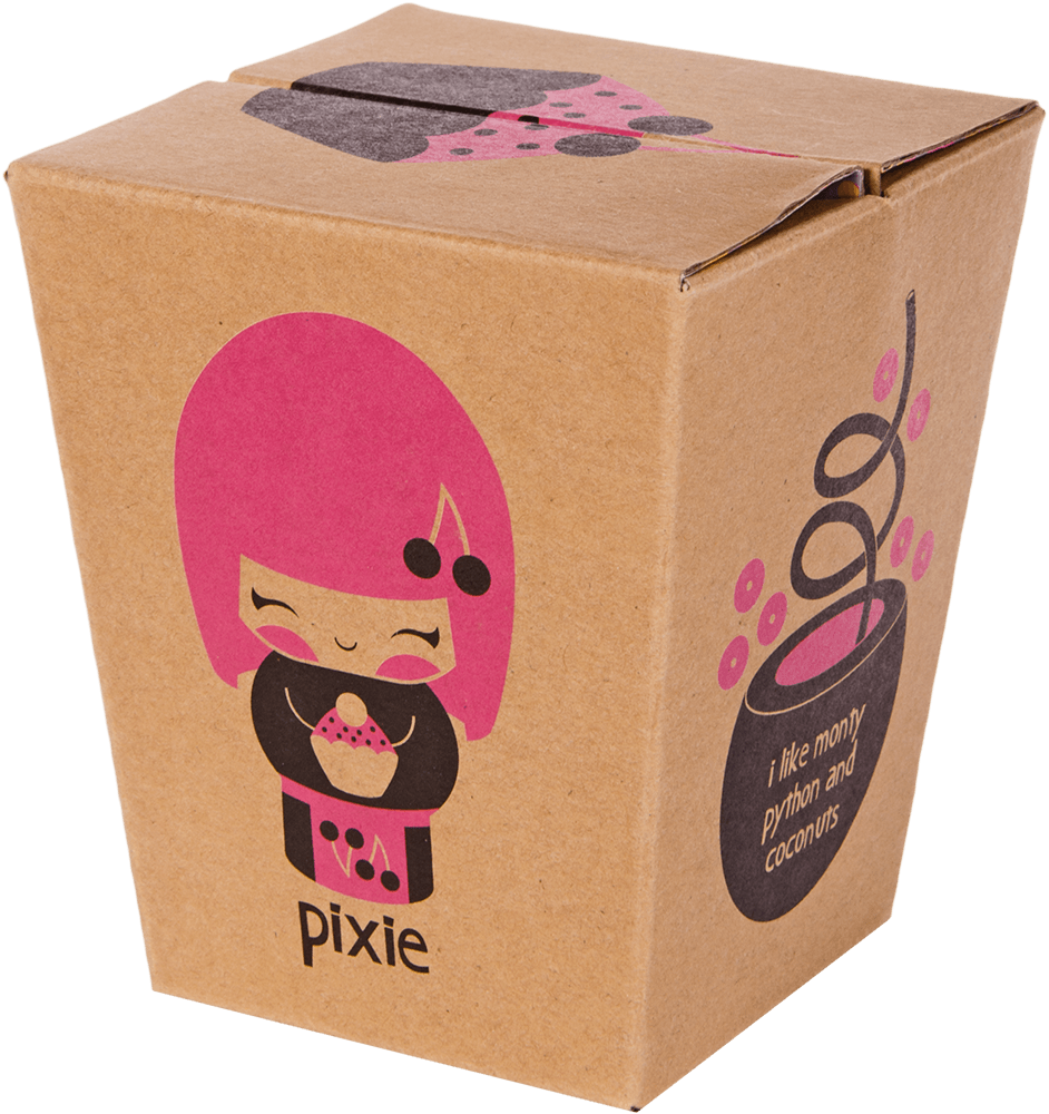 Brown gift box featuring Pixie Momiji doll, a kawaii pink-haired character with a cupcake and a steaming cup on the side. — Momiji doll