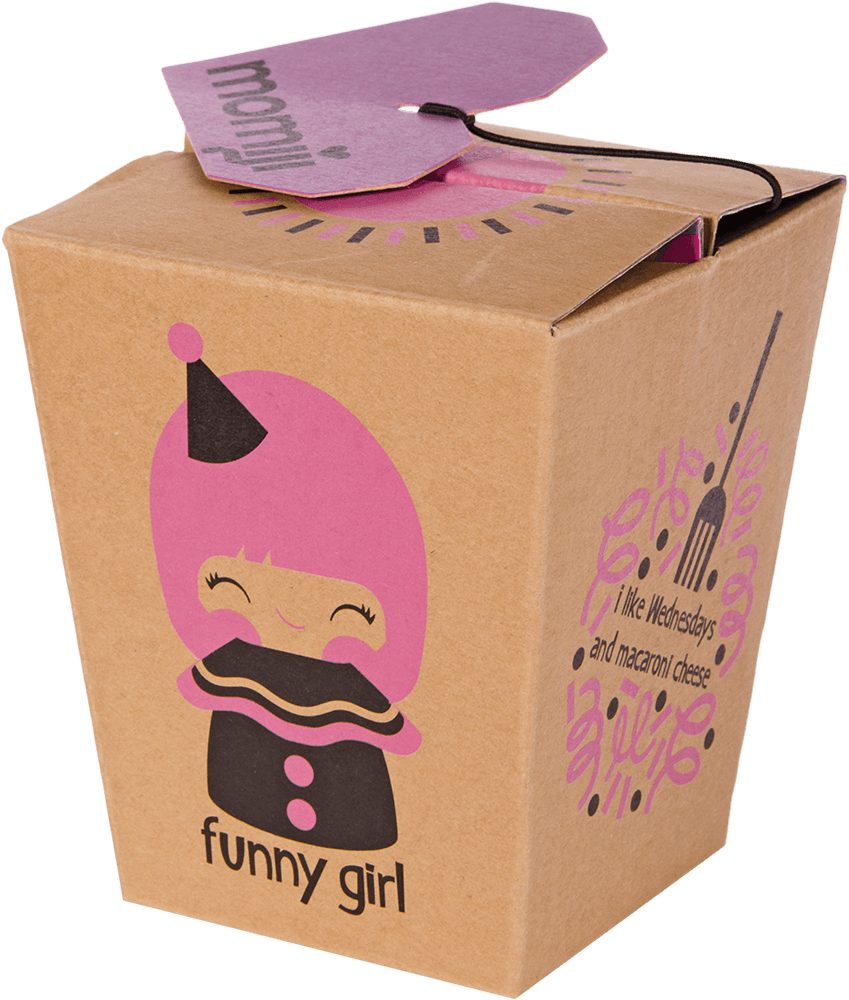 Brown takeout box with Funny Girl Momiji doll, pink hair, fork, and "I like Wednesdays and macaroni cheese" text. — Momiji doll