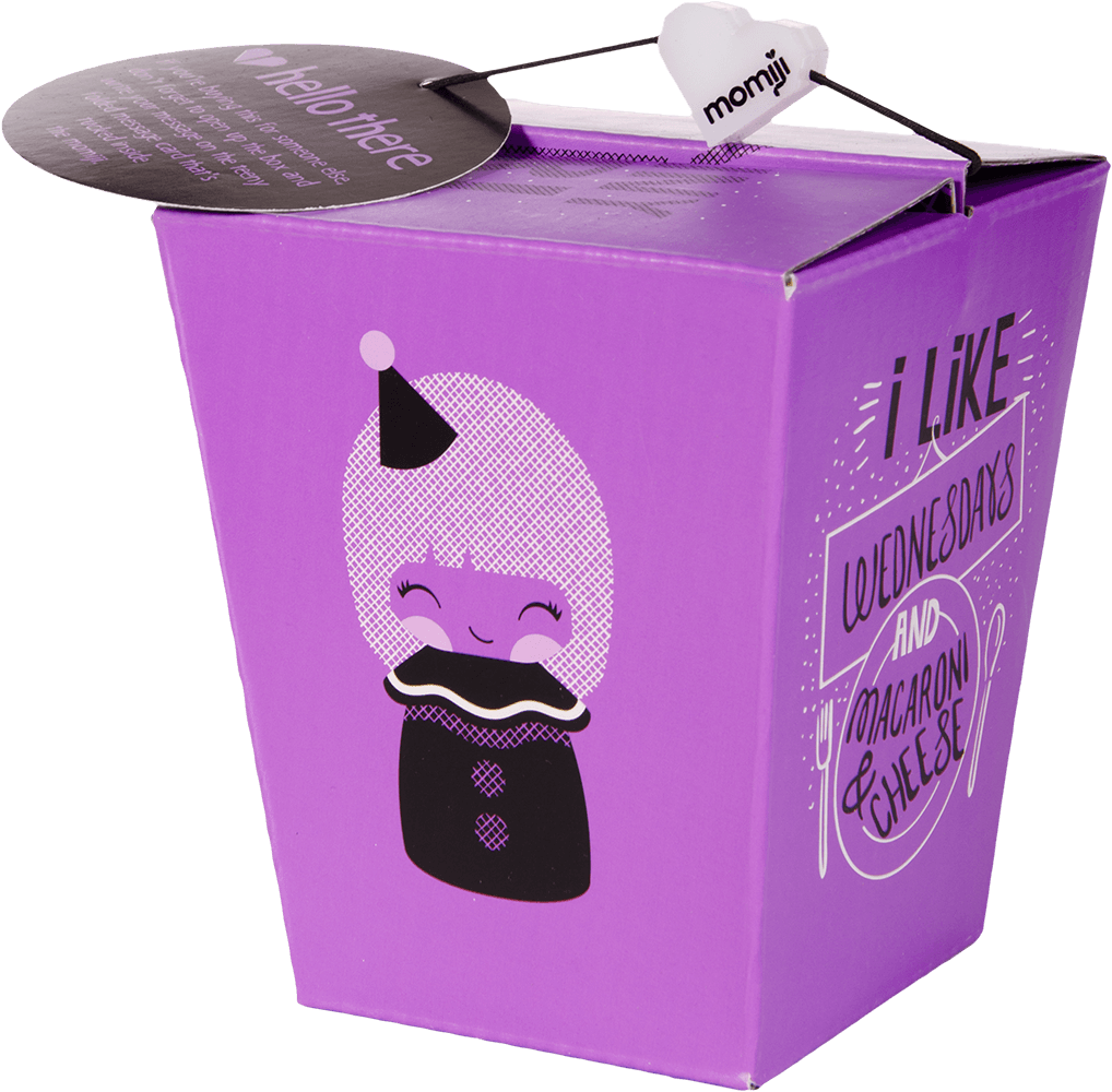 Funny Girl Momiji doll in a purple takeout box, cartoon girl design, with "I like lovedensdays & macaroni & cheese" text. — Momiji doll