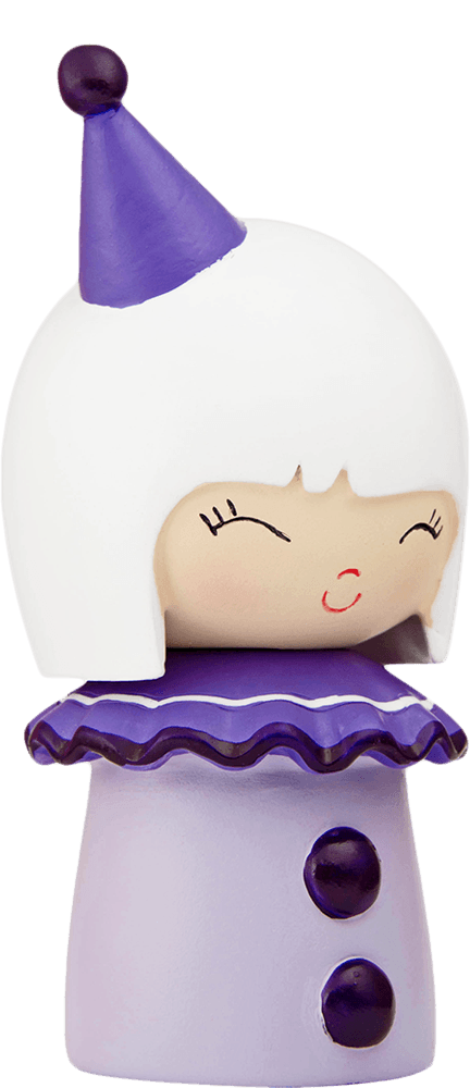 Funny Girl Momiji doll with white hair, purple hat, ruffled collar, and a smiling face with closed eyes. — Momiji doll