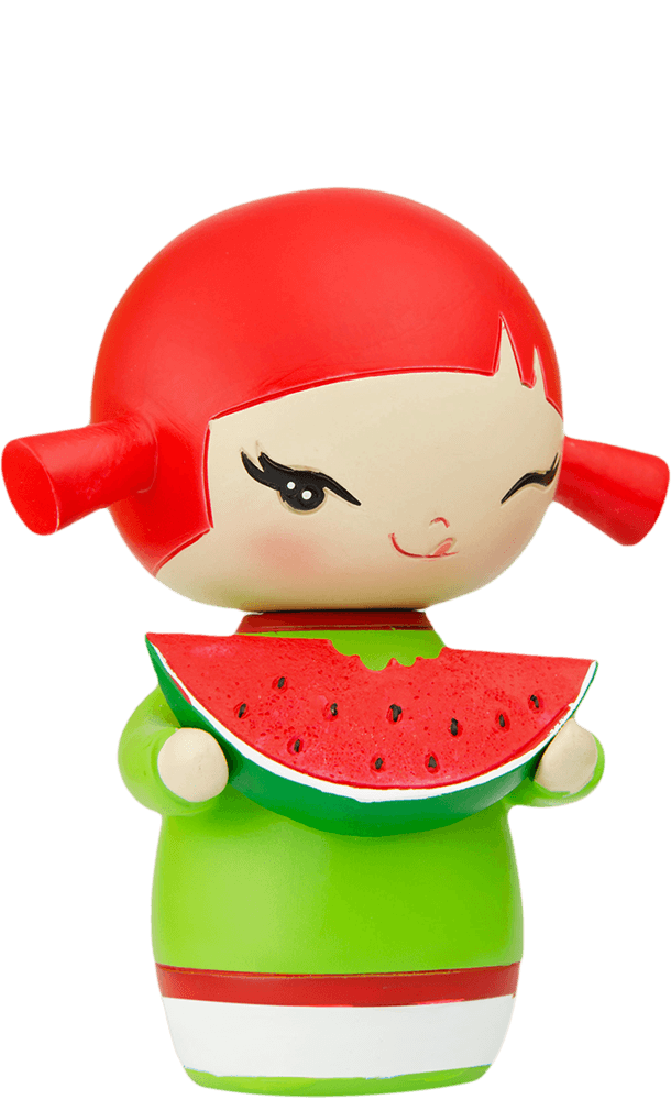 Poppet, a kawaii Momiji doll with red hair and a green dress, winks and holds a slice of watermelon. — Momiji doll