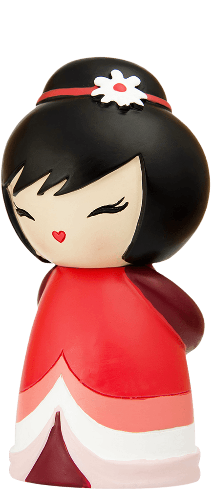 Coco Momiji doll with black hair, red dress, and white flower; kawaii collectible hiding a secret message inside. — Momiji doll
