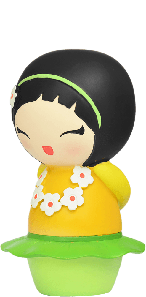 Dancing Girl Momiji doll with black hair, yellow dress, green headband, and flower necklace—secret message hidden inside. — Momiji doll