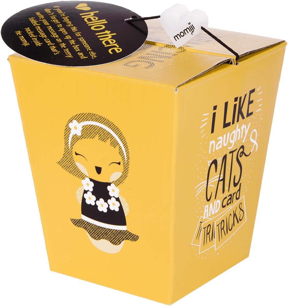 Momiji doll Dancing Girl box in yellow, black Momiji gift tag on top, reads "I like naughty cats and card tricks. — Momiji doll