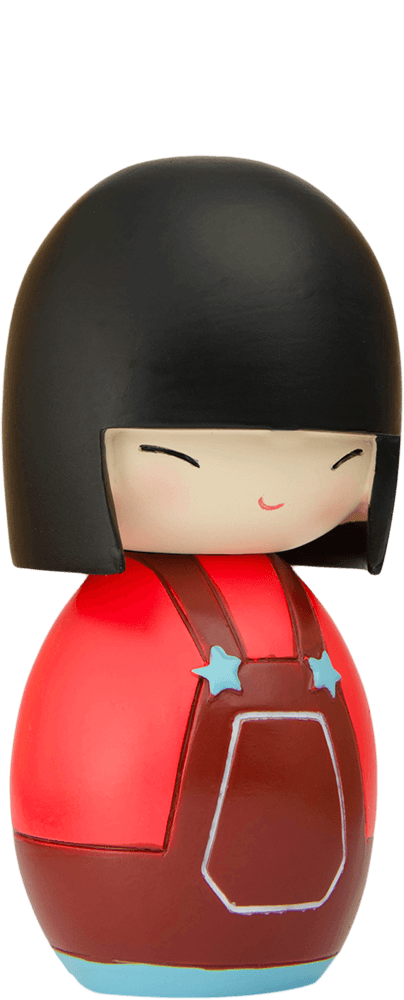 Soul Momiji doll with black bob haircut, red dress, brown apron, and a bright, smiling face. — Momiji doll