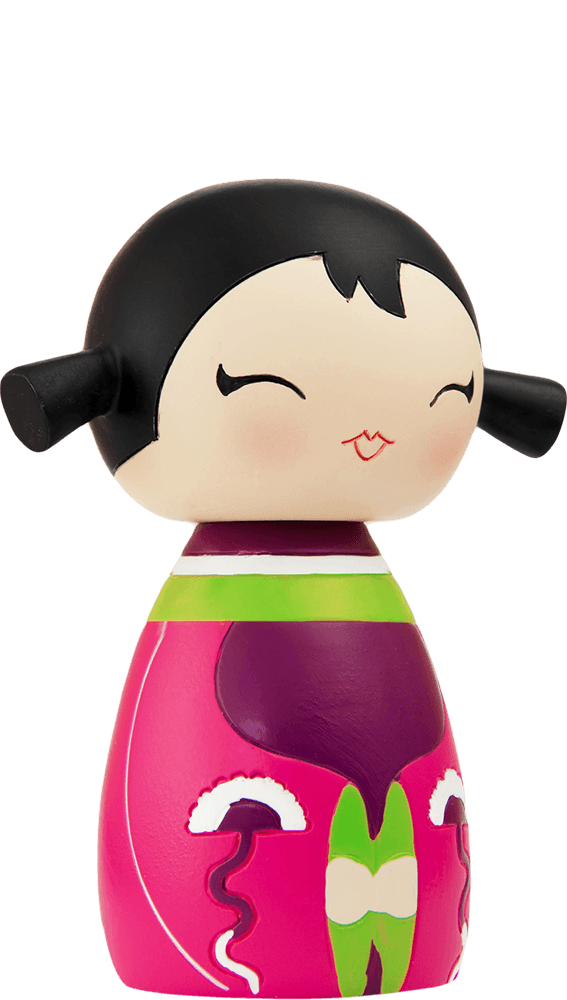 Giggles Momiji doll with black hair, pink cheeks, closed eyes and a bright pink and green dress, smiling sweetly. — Momiji doll