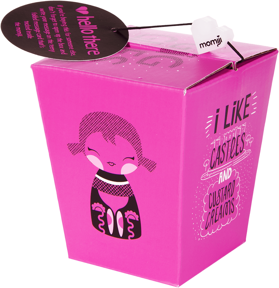 Bright pink Giggles Momiji doll gift box with kawaii cartoon girl, heart tag on top, says "I like cakes and custard creams. — Momiji doll