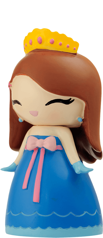 Momiji doll with brown hair, yellow crown, blue dress, and white gloves—kawaii collectible with hidden secret message inside. — Momiji doll