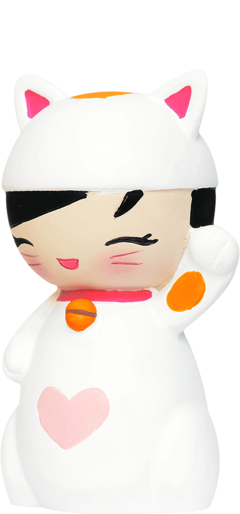 Lucky Kitty Momiji doll in a white cat suit with pink ears, heart detail, orange collar and a sweet smile. — Momiji doll