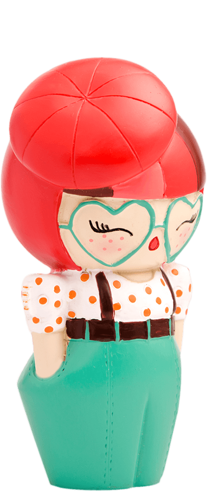 Bibi Button Momiji doll with red hair, heart glasses, polka dot shirt, suspenders, and turquoise pants. — Momiji doll