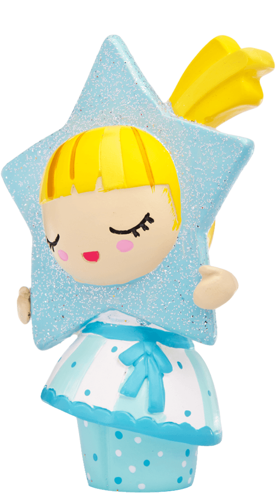 Momiji Star doll with yellow hair, glittery blue star, and a polka dot dress. A kawaii collectible Momiji doll with hidden message. — Momiji doll