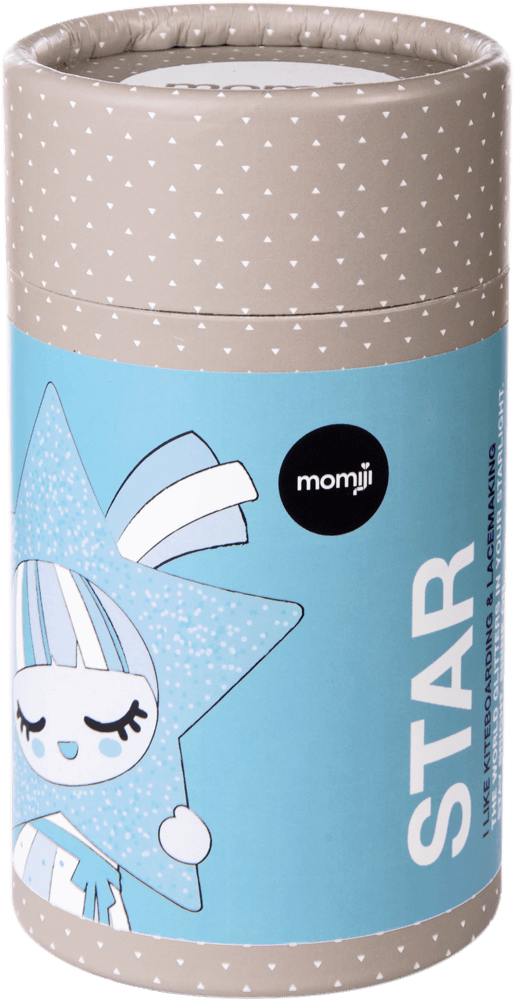 Cylindrical box for the Star Momiji doll with a kawaii blue star on a blue and beige polka-dot background. — Momiji doll