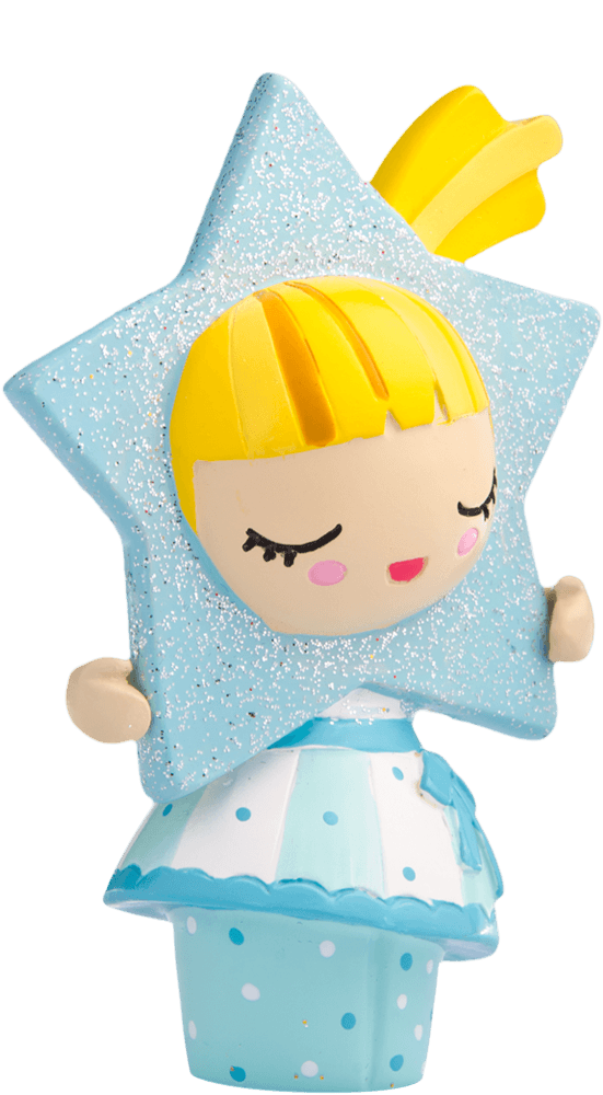 The Momiji Star doll has blonde hair and wears a glittery blue star costume; a kawaii collectible vinyl or resin Momiji doll. — Momiji doll