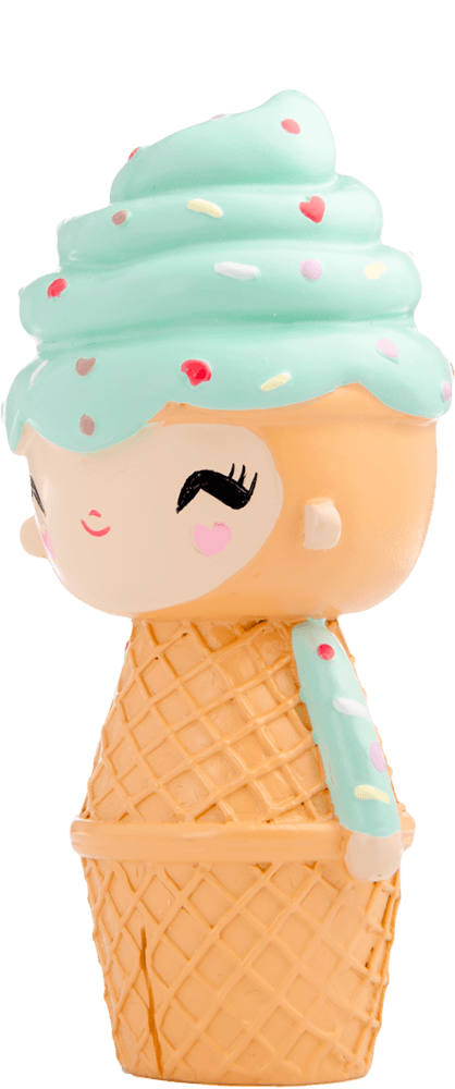 Happy Happy Happy Momiji doll: mint swirl ice cream cone, colourful sprinkles, smiling face. Vinyl collectible with secret message. — Momiji doll
