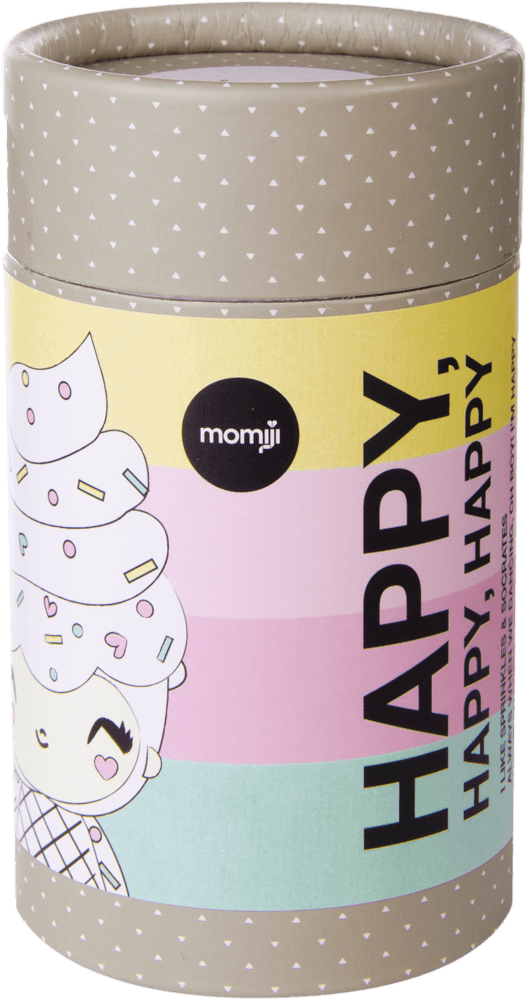 Cylindrical box with pastel stripes featuring the Happy Happy Happy Momiji doll—a kawaii collectible with a secret message inside. — Momiji doll
