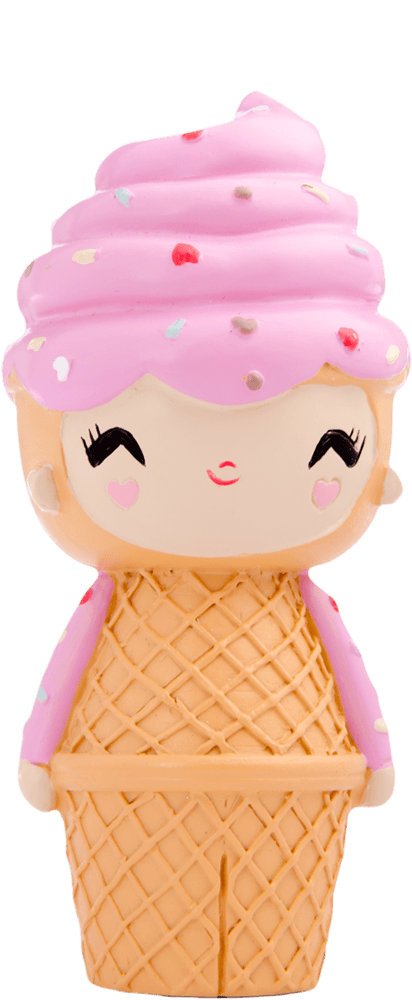 Happy Happy Happy Momiji doll with a pink ice cream swirl head and sprinkle cone body. Collectible with hidden message inside. — Momiji doll