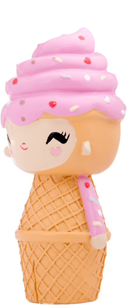 Happy Happy Happy Momiji doll with a waffle cone body, pink ice cream hair, sprinkles, and a smiling face—side view. — Momiji doll