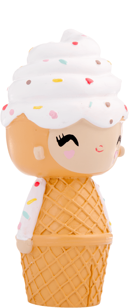 Happy Happy Happy Momiji doll with an ice cream swirl head, waffle cone body, and bright smile, facing right. — Momiji doll
