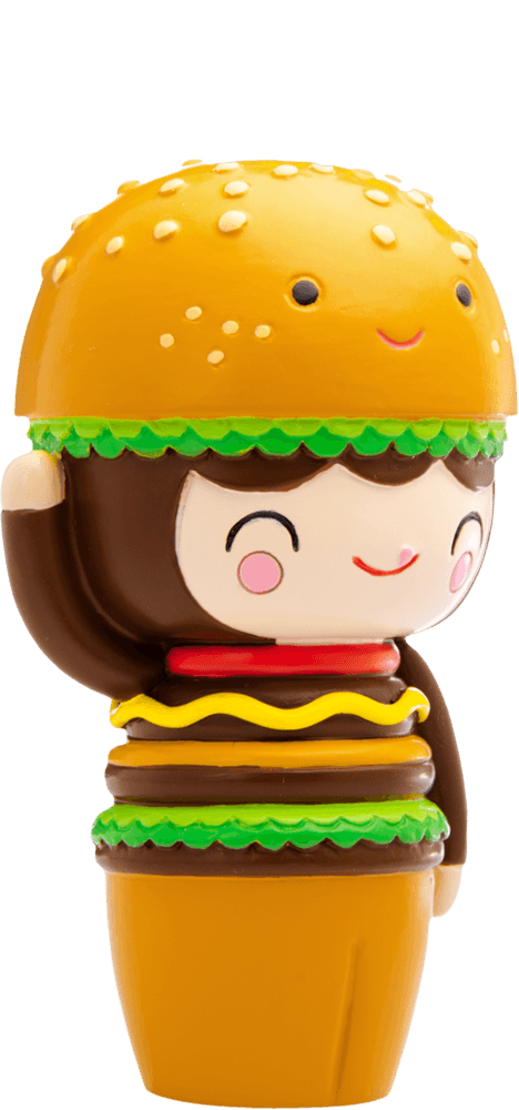Giggles Momiji doll in a burger outfit with a smiling burger bun hat, waving happily; colourful and kawaii collectible. — Momiji doll