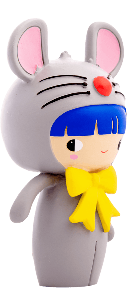 BFF Muffin HN Momiji doll: blue hair, gray mouse costume, pink ears, yellow bow—collectible and cute. — Momiji doll