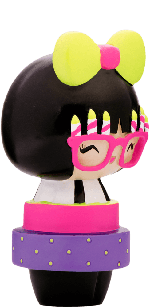 Birthday Girl HN Momiji doll with black hair, green bow, pink candle glasses, purple skirt with yellow dots, kawaii style. — Momiji doll