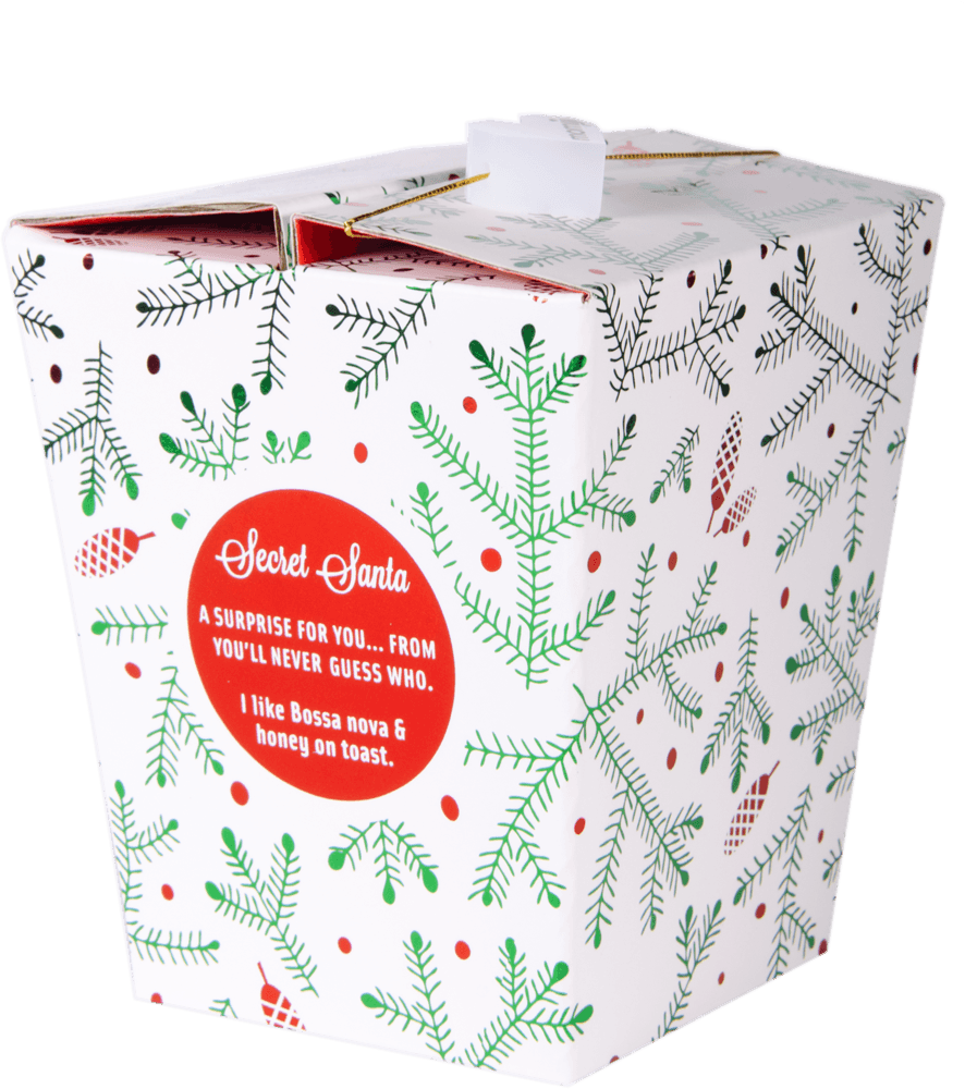 Secret Santa takeout box with green and red festive foliage holds a surprise Momiji doll that hides a secret message inside. — Momiji doll
