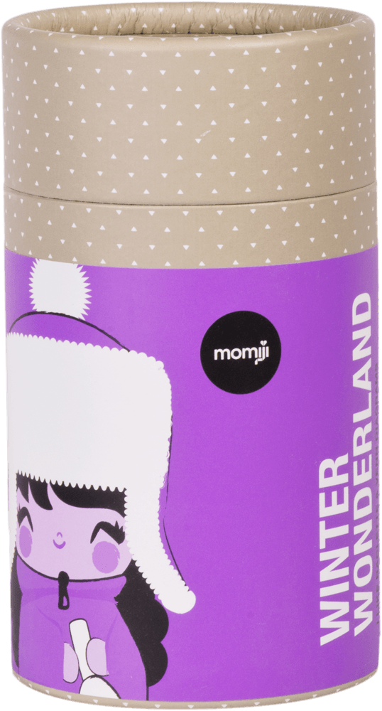 Winter Wonderland Momiji doll gift box featuring a kawaii girl in a white hat on purple, with "Momiji" written on the front. — Momiji doll