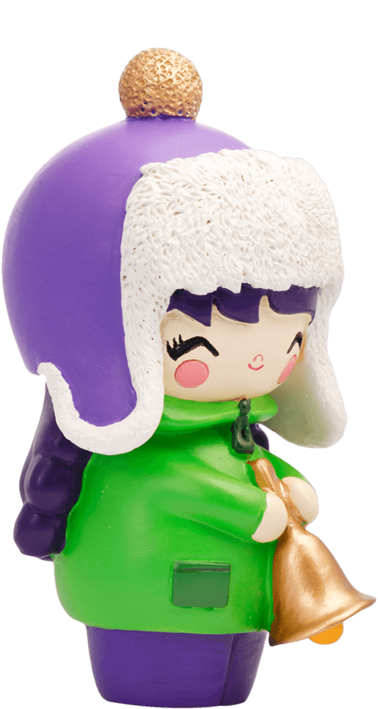 Winter Wonderland Momiji doll wears a purple hat, green coat, white earmuffs, and holds a golden bell with a cheerful smile. — Momiji doll