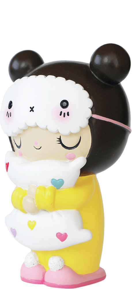 Dreaming hn Momiji doll in a bear hood and yellow pajamas, hugging a white heart pillow; cute collectible character design. — Momiji doll