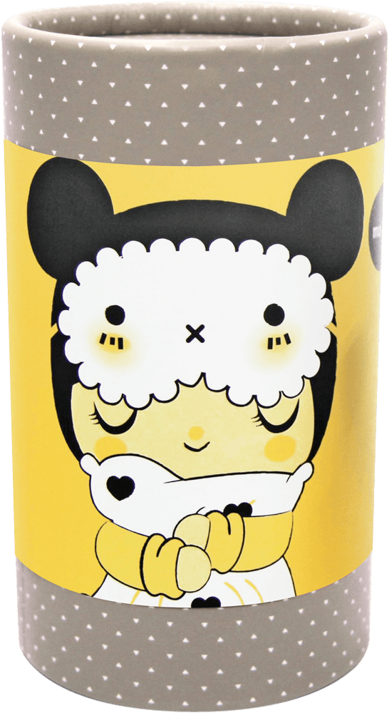 Dreaming hn Momiji doll in a sheep costume holds a white animal; gray container on yellow background. — Momiji doll